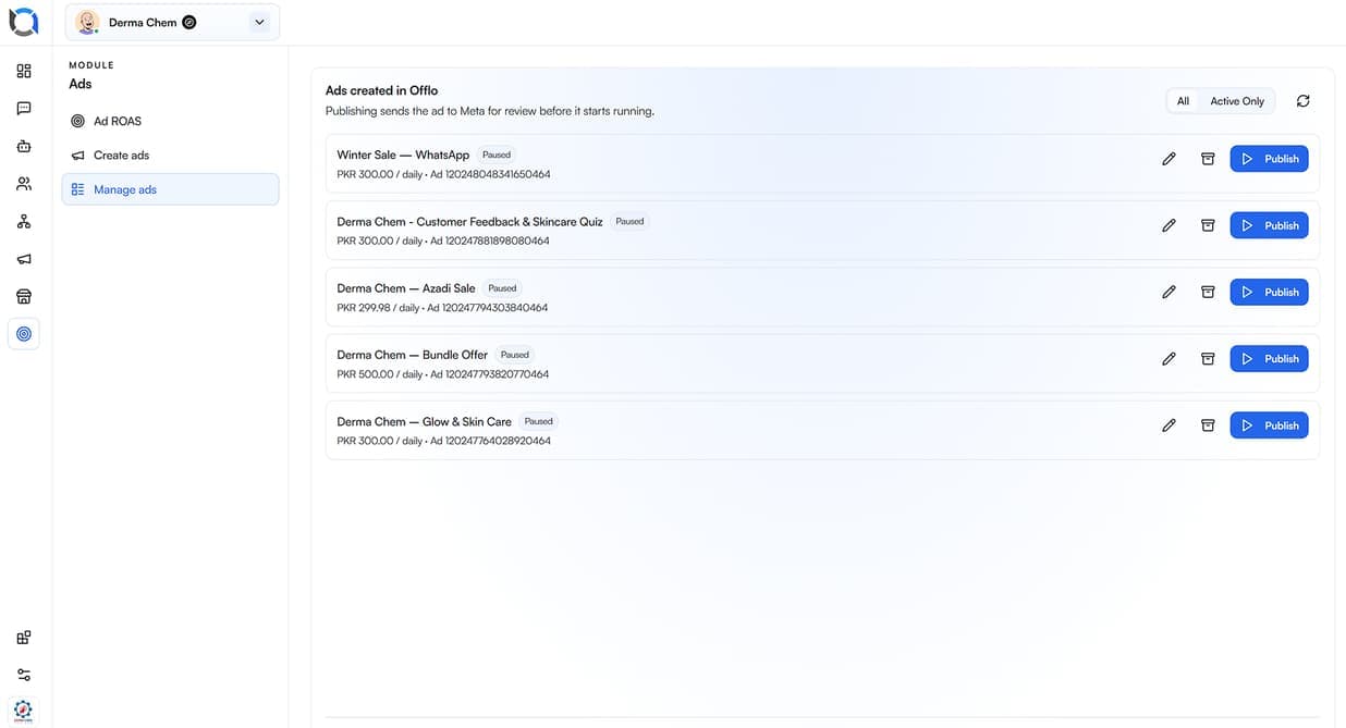 Manage ads screen in Offlo
