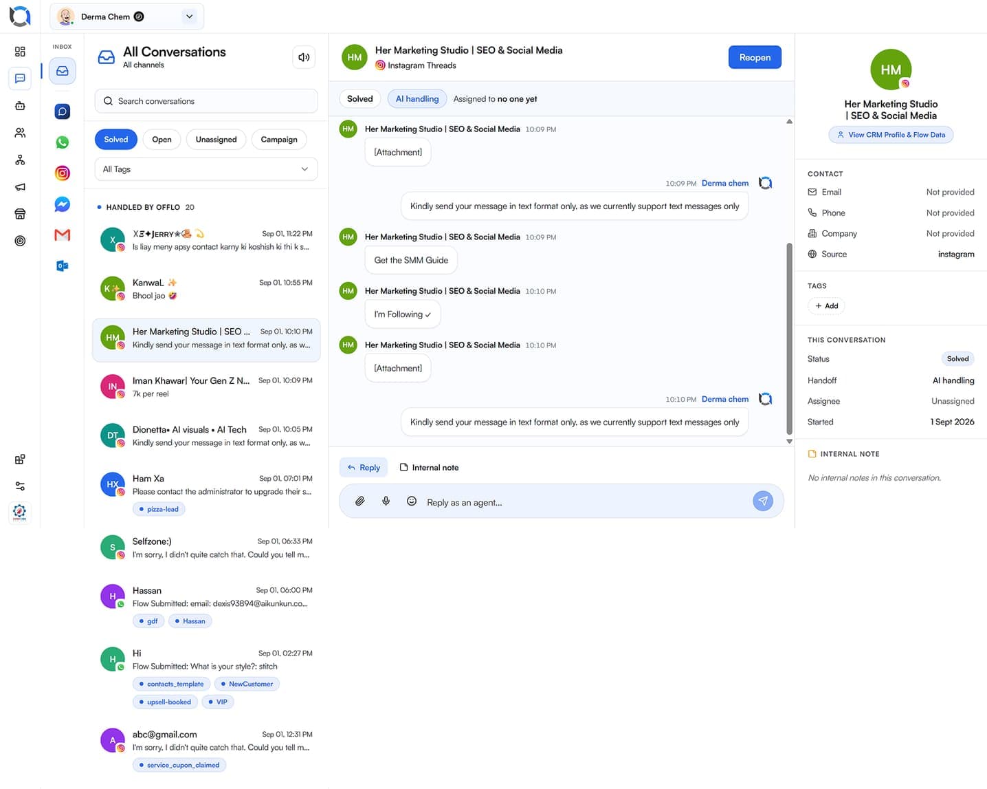 Offlo contact fields and lifecycle beside the conversation