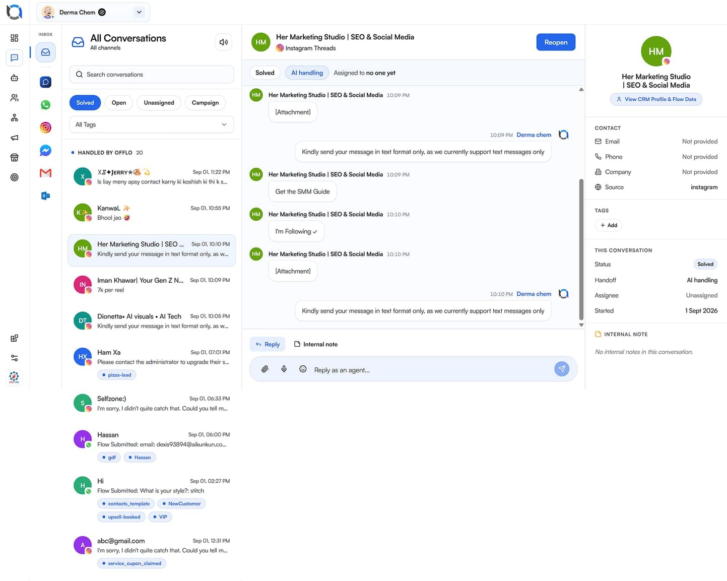 Travel enquiry in the Offlo inbox