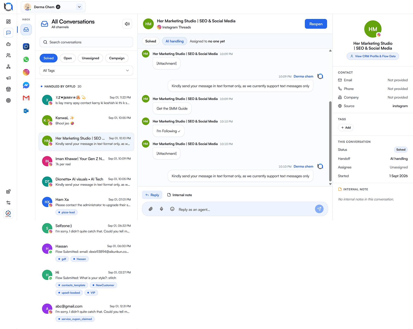 Offlo omnichannel inbox preview